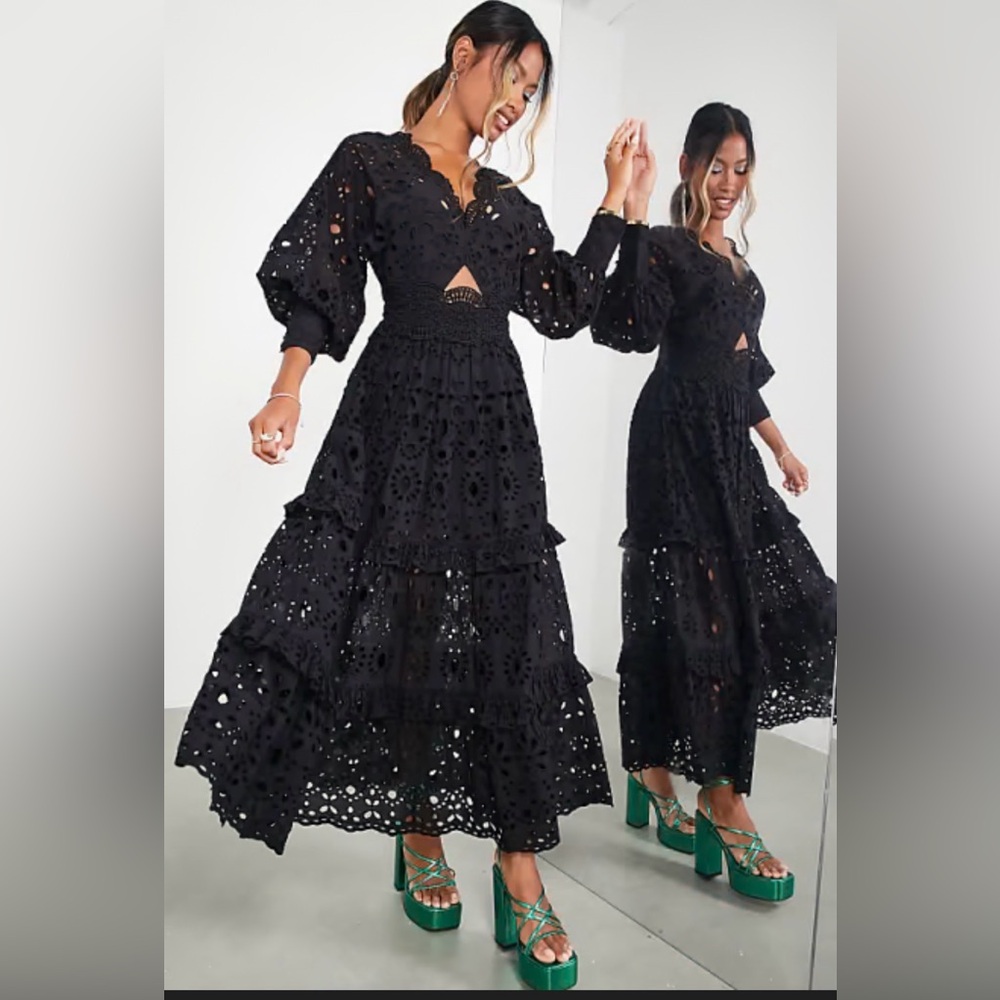 ASOS Design Elegant Black Eyelet Midi Dress